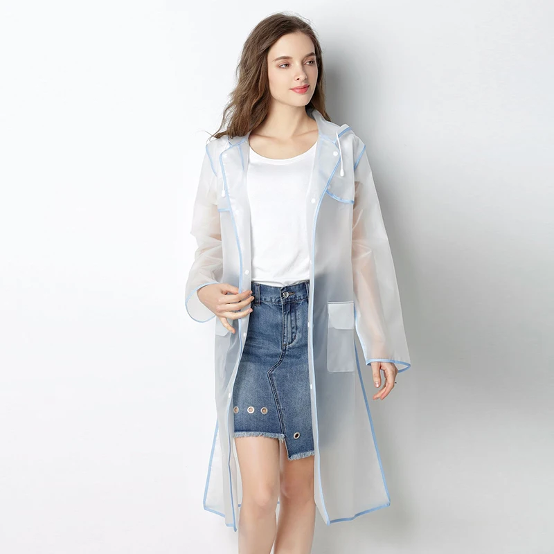 

Women Hoodie Rain Clear EVA Waterproof Outwear Poncho Long Sleeve Coat Pockets