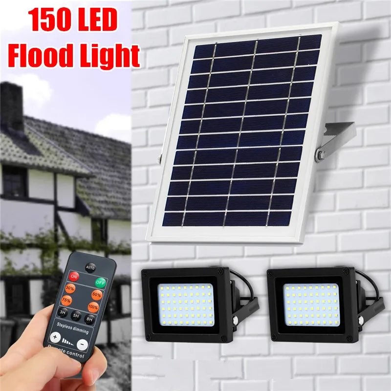 

2 Pcs High Quality 20W 150 LED Flood Light Remote Control+Light Sensor Solar Light Super Bright IP65 Waterproof Floodlights