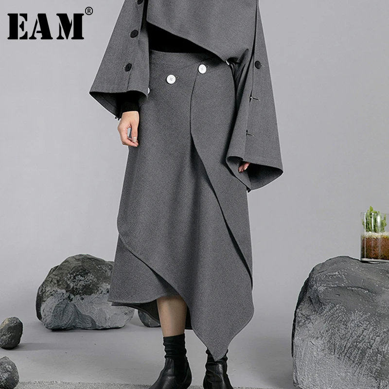 

[EAM] 2019 New Spring Summer Woman Stylish Solid Color High Waist Irregular One-piece Wear Side Button Half-body Skirt LE464