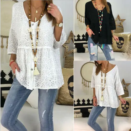 

Fashion Women Bohemian Lace Crochet Floral Bell Sleeve Loose V Neck Spring Blouse Tops Shirt Summer Casual Buttons