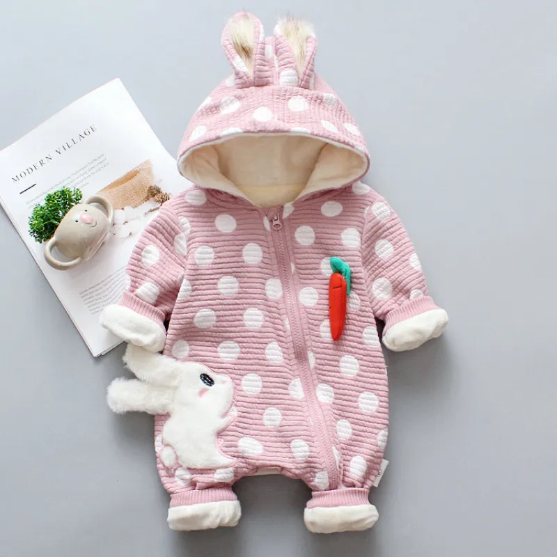 

2019 Winter Cute Baby Clothes Kids Thickening Jumpsuits Baby Hooded Climbing Clothes Child Circle Point Rabbit Ear Warm Outwear