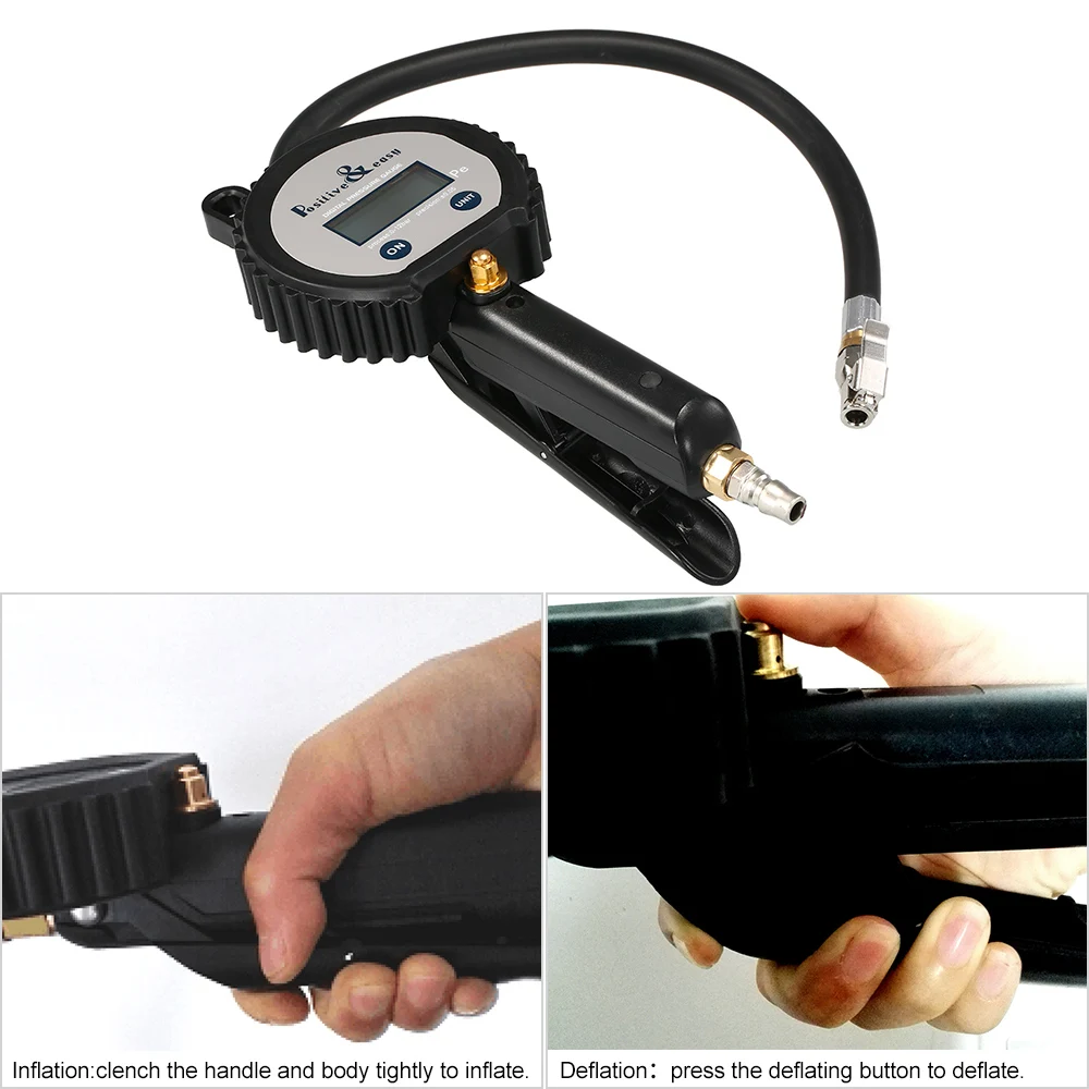 

Digital Tire Inflator Gauge Accurate Air Tyre Gauge LCD Display with Rubber-plastic Hose and Quick Connect Coupler