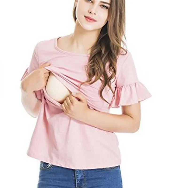 Nursing Top Women Summer Breastfeeding Flare Short Sleeve Loose Solid T Shirt for Feeding Maternity Pregnancy Clothes Plus Size