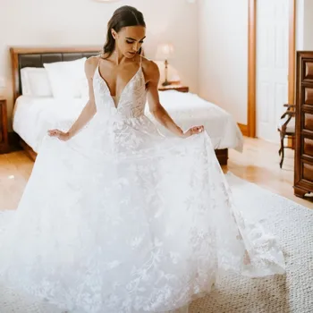 

Simple Backless Wedding gowns 2019 V-neck A Line Lace Bride Dresses Sexy V Neck Wedding Bride gowns
