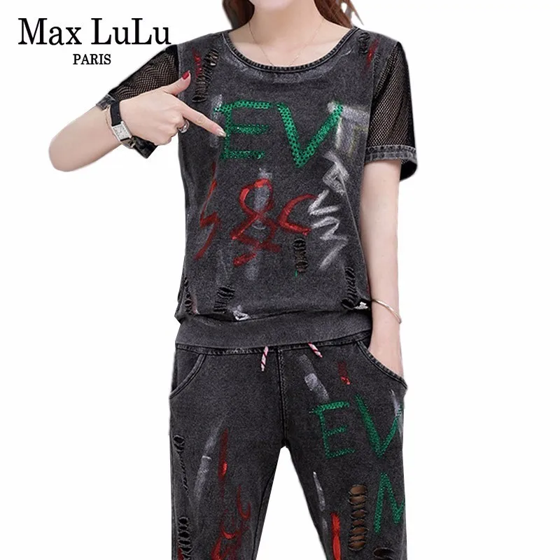 

Max LuLu Summer Luxury Korean Vintage Ladies Mesh Tops And Pants Womens Two Pieces Set Printed Outfits Sexy Tracksuit Plus Size
