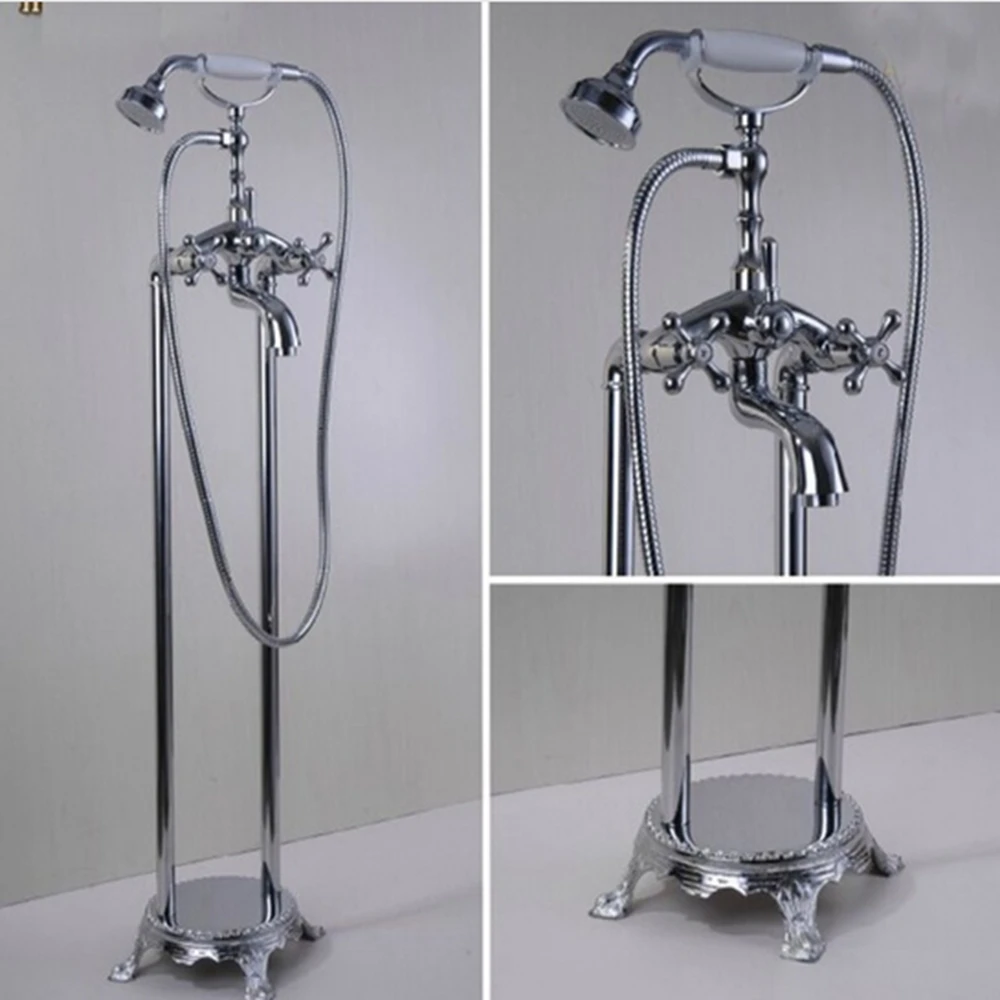 Free Standing Floor Mounted Chrome Brass Clawfoot Bathtub Filler