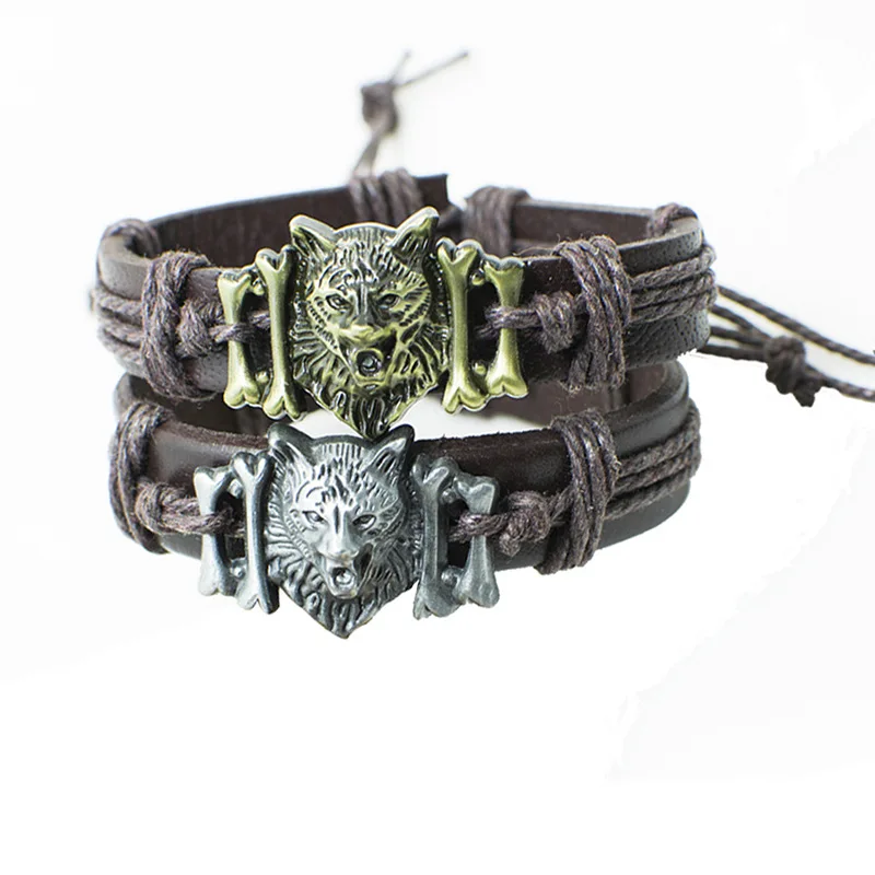 

2019 Fashion Punk Vintage Wolf Alloy Leather Bracelets Men Bracelet Chain Adjustable Rope Jewelry Charm