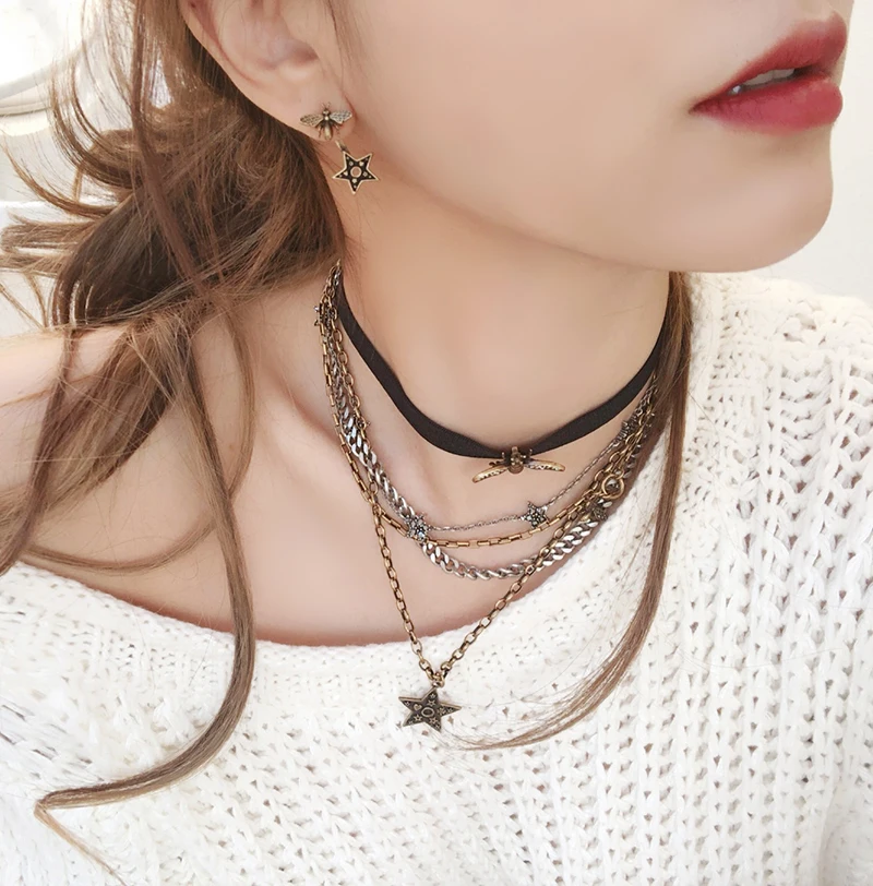 

Autumn and winter retro multi-layer star necklace female clavicle chain bee necklace pendant chocker neckband