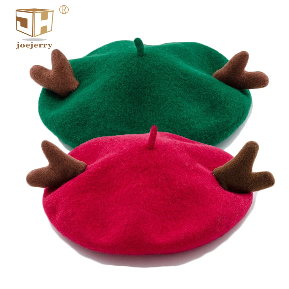 JOEJERRY Рождество берет шерсть для женщин милый художник женский олень рога шляпа красный зеленый цвет