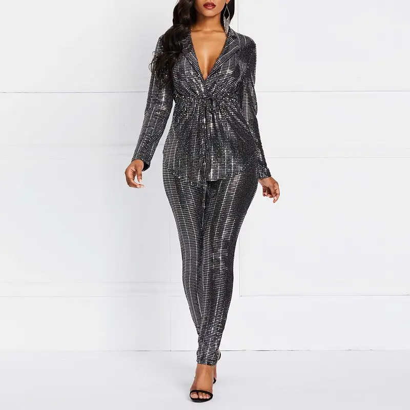Fashion Women Blazer Set Silver Sequins Casual Coat Skinny Pants 2 Piece Street Office Elegant Lace Up Slim Spring Ladies Suits