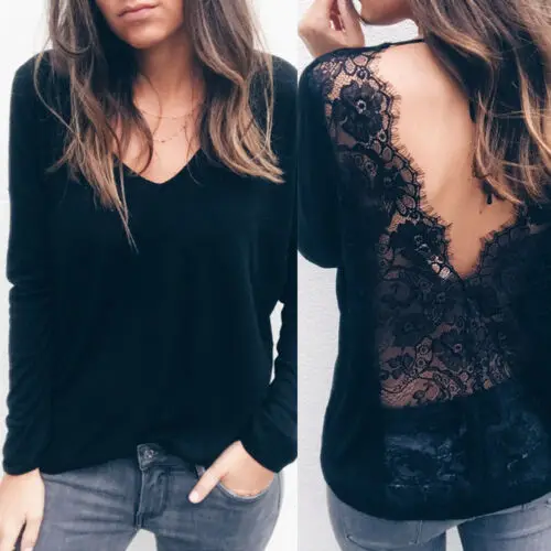 

Hirigin 2019 New Fashion Women Long Sleeve Loose Backless Blouse Casual Shirts Summer Lace Chiffon Tops T-Shirt Black Clothes