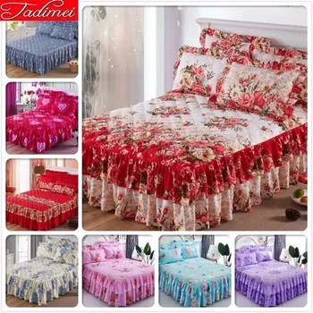 

Lover Couple Adult Kids Girl Red Pink Thick Quilted Bed Skirt Soft Cotton Sheet Cover Linen Single Full Queen Size Bedspreads 2m