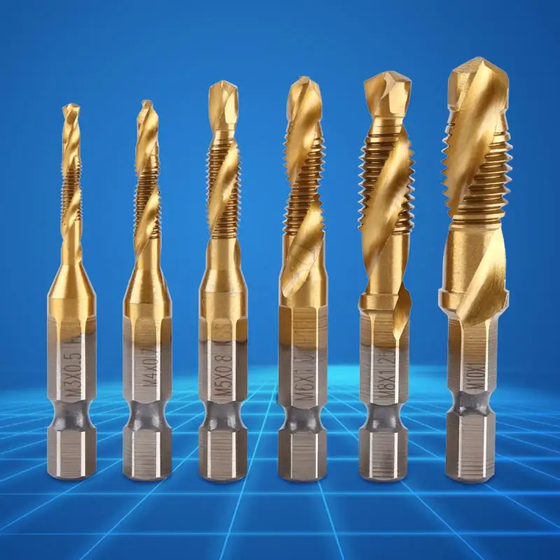 

6pcs/Lot 1/4 inch Hex Shank M3-M10 Titanium Coated HSS Drilling Tap Bits Thread Screw Tapping Tools Twist Drill Bit Set