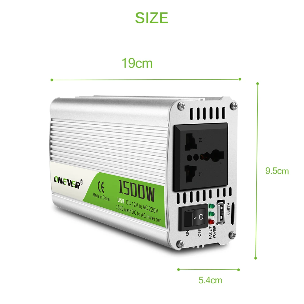 

Car Inverter DC 12V to AC 220V 1500W Power Converter with LED Indicator Light Cigarette Lighter Outlet Buzzer Alarm