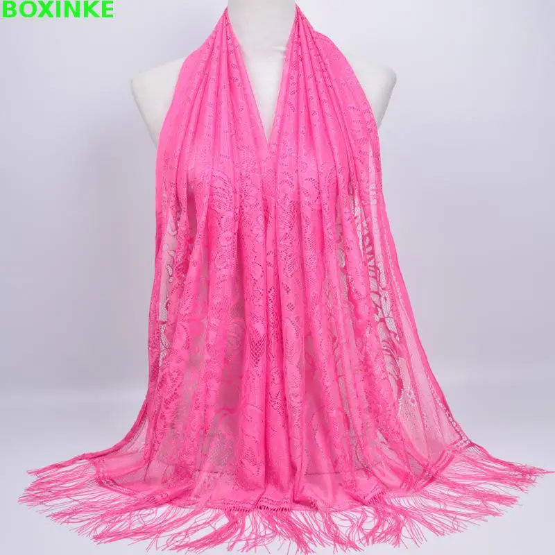 

2018 Top Fashion Hot Sale Polyester Women Hijab Winter Scarf Muslim Baotou Pure Lace Hollow Tassel Female Autumn And Long Veil