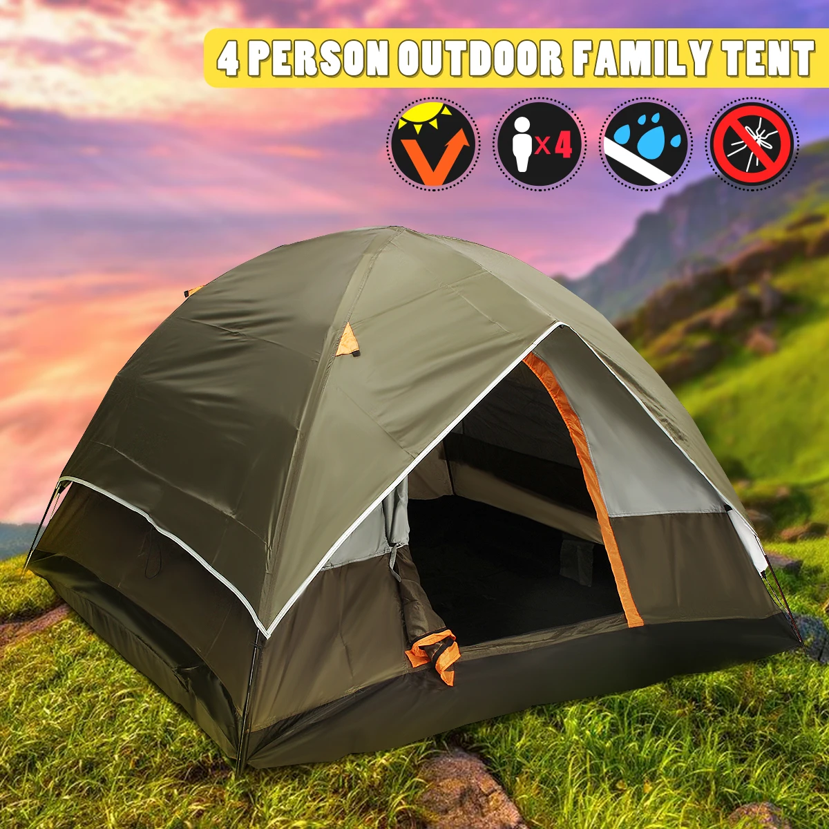 3 4 Person Windbreak Camping Tent Dual Layer Waterproof Open Anti UV