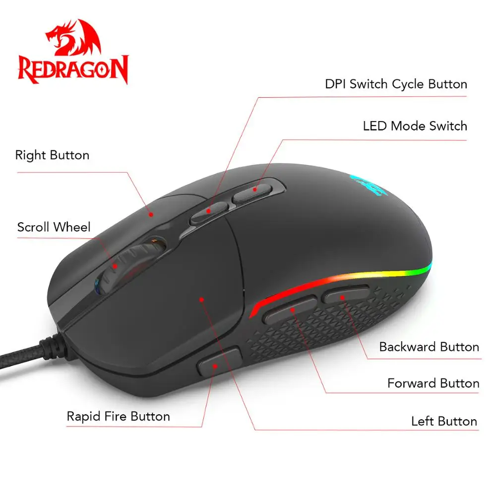 Проводная игровая мышь Redragon M719 INVADER, оптическая офисная мышь с RGB подсветкой 10000 dpi, 7 программируемых кнопок, компьютер для ПК Dota