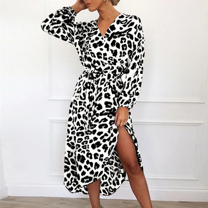 Юбки модные женский леопардовый принт с длинными рукавами платья с v-образным вырезом юбки Разделение вечерняя коктейль-вечеринка юбки