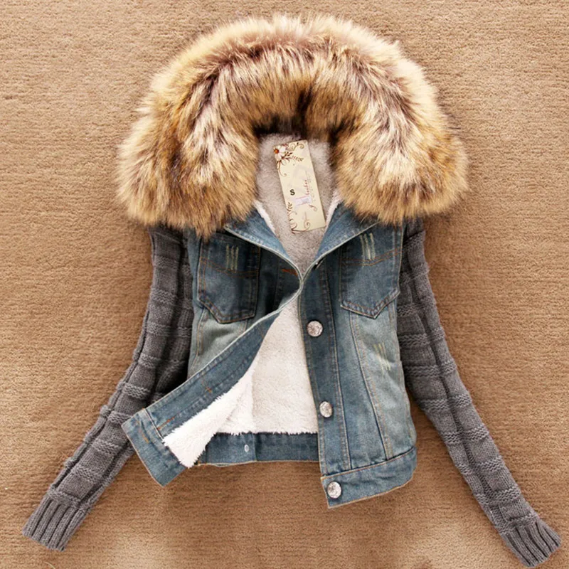 Large Size Denim Jacket Fur Collar Women Winter Jacket Denim Jacket