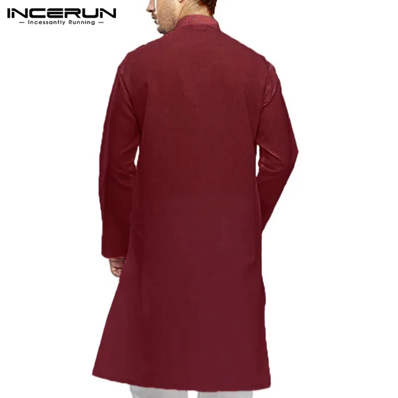 INCERUN, повседневная Хлопковая мужская рубашка, индийский костюм, длинный рукав, стоячий воротник, длинные топы, Мужская мусульманская одежда, пакистанские рубашки