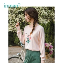 INMAN 2019 Spring New Arrival O-neck Literary Embroidery Retro Casual All Matched Slim Women Pullover