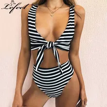 

Lefeel Striped High Waist Swimsuit Bandage Backless Swimwear Women 2019 New Sexy Bikinis Set Bathing Suit Female Beachwear