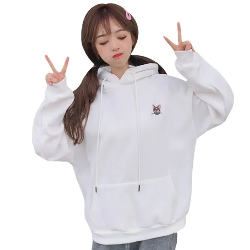  Autumn Winter Harajuku Sweatshirt Korean Kawaii Girls Sailor Moon Luna Cat Embroidery Hoodies Women