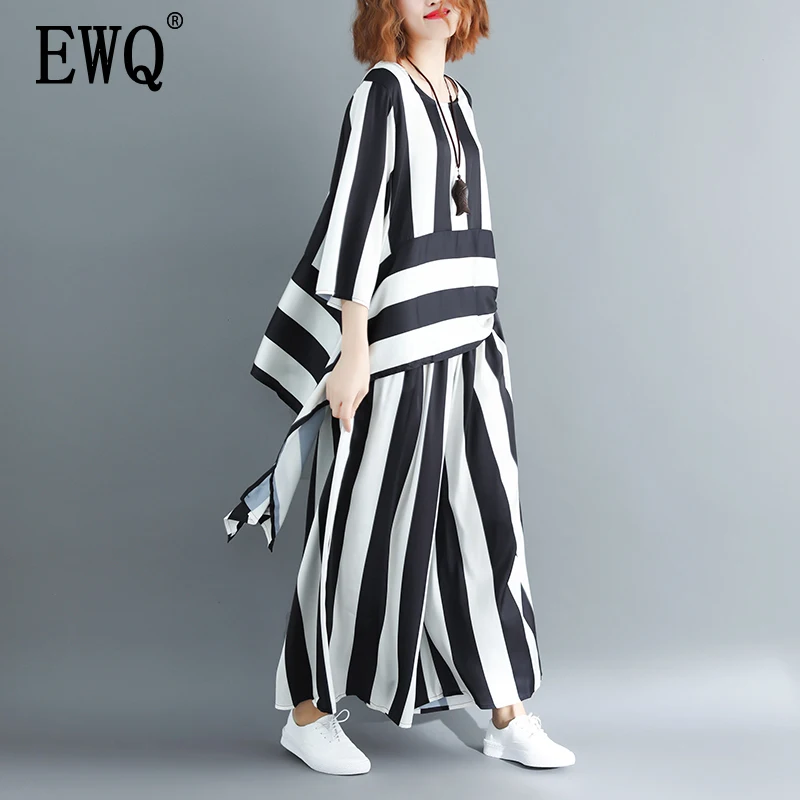 

[EWQ] 2020 New Spring Summer Women Round Collar Irregular Loose Hem Stripe Shirt Elastic Waist Two Piece Suit BL641