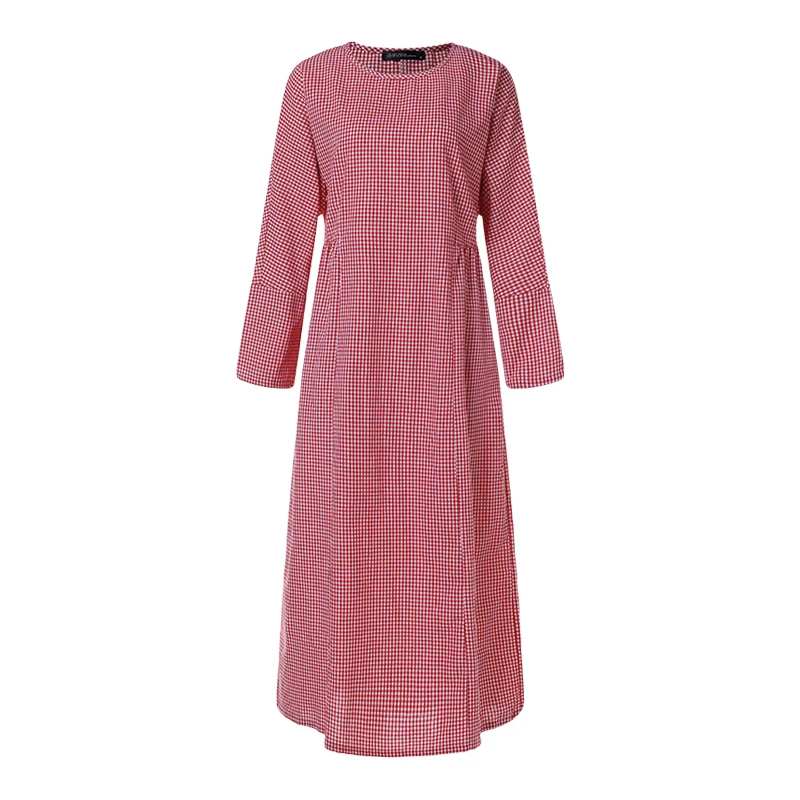  ZANZEA Women Dress Autumn Long Sleeve Dress Plaid Check Pockets Vestido Kaftan Robe Casual O Neck V