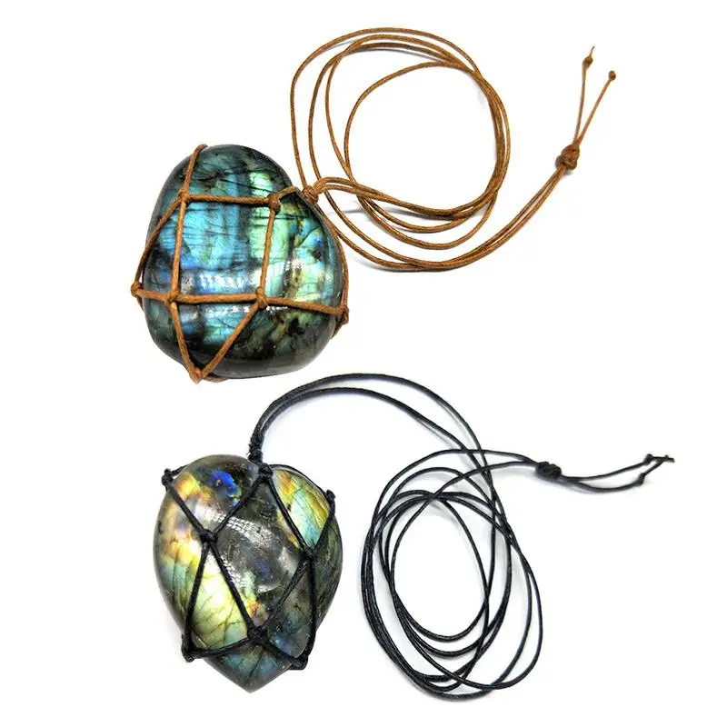 

Natural Labradorite Moonstone Necklace Wrap Braid Stone Car Decor Pendants Yoga Macrame Energy Stone Healing Necklace Gift