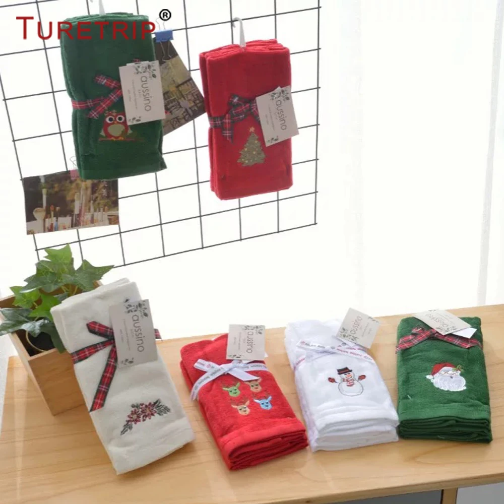 

Turetrip Christmas Present Towel 100% Cotton Face Towel for Kids Cartoon Santa Claus Snowman Embroidered Soft Hand Cotton Towel