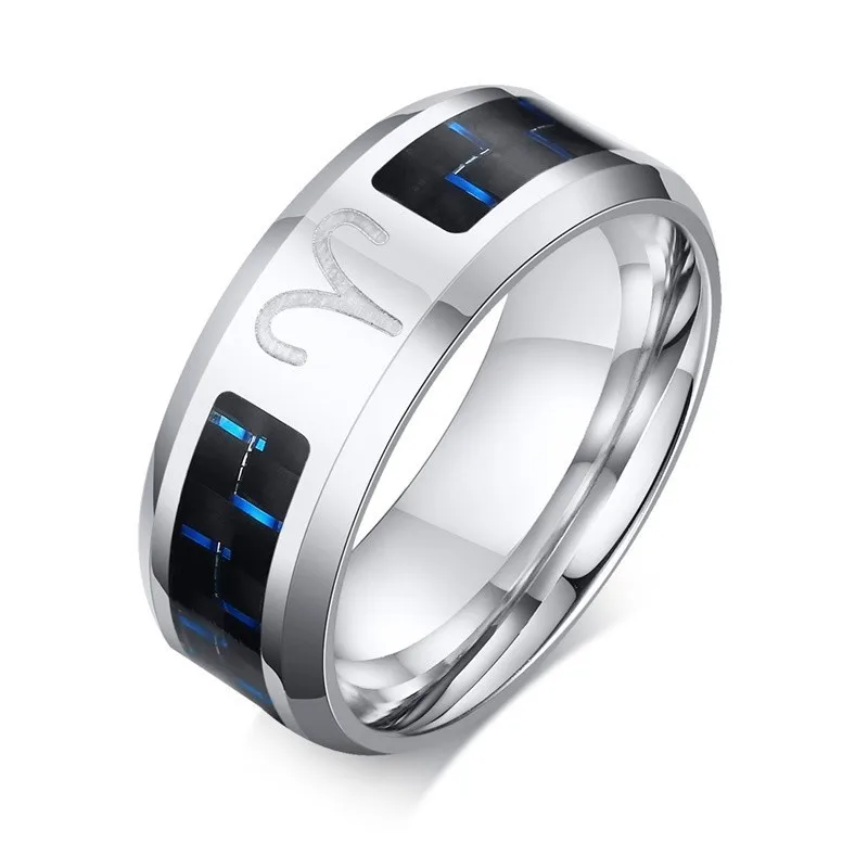 

Personalized Men's Stainless Steel Ring Blue Carbide Fiber Inlay Engagement Wedding Brands 12 Constellations Aries Rings 8mm