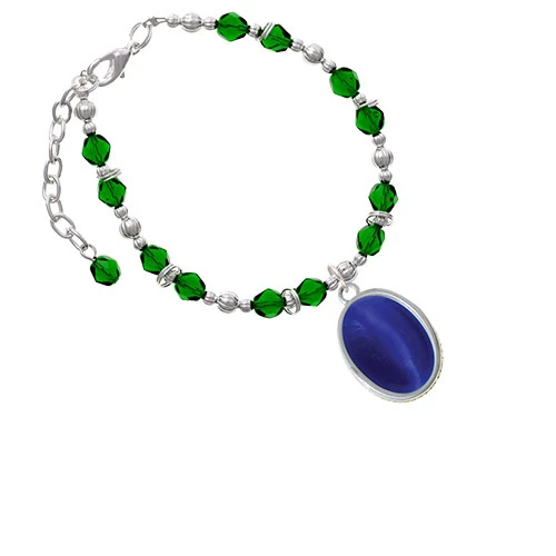 Silvertone Oval - Imitation Cat's Eye Blue Green Beaded Bracelet |