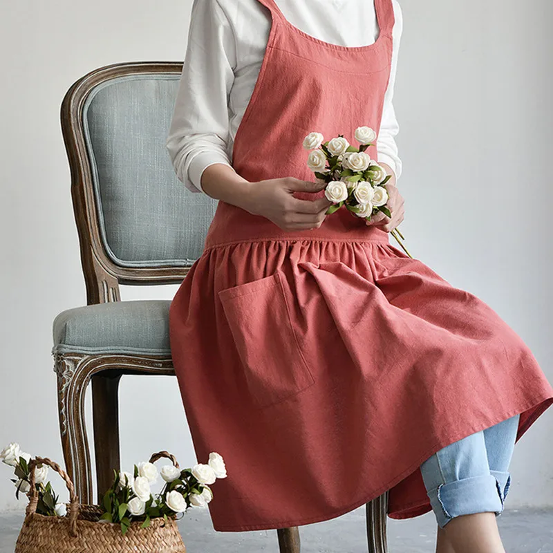 Red Pink Yellow Cotton Linen Apron Florist Artist Painter Craft Workwear Waitress Barista Pastry Catering Event Uniform D88