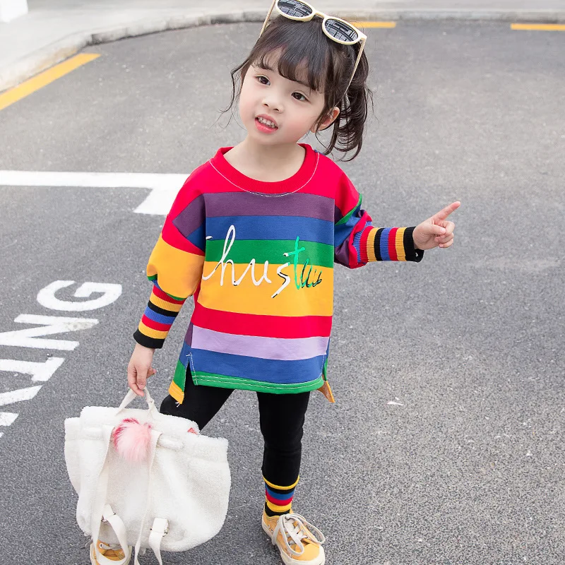 Модный детский набор в цветах радуги с длинными рукавами для девочек, новая рубашка в полоску на весну и осень, леггинсы, Детский комплект из двух предметов, топ+ штаны