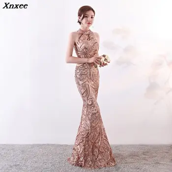 

Xnxee Women Luxury Champagne Gold Sequined Halter Sleeveless Long Meramid Slim Elegant Maxi Celebrity Party Dresses Vestidos