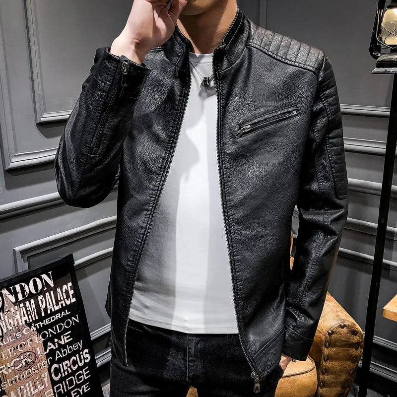 

Jackets Men Slim Warm Leather Jacket Mens Winter Washed PU Leather Motorcycle Jacket Jaqueta De Couro Masculino