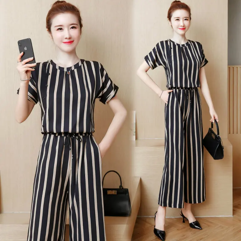 

New summer leisure suit Korean fashion tall waist minus age wide-legged pants stripe two-piece clothing set women casual outfit