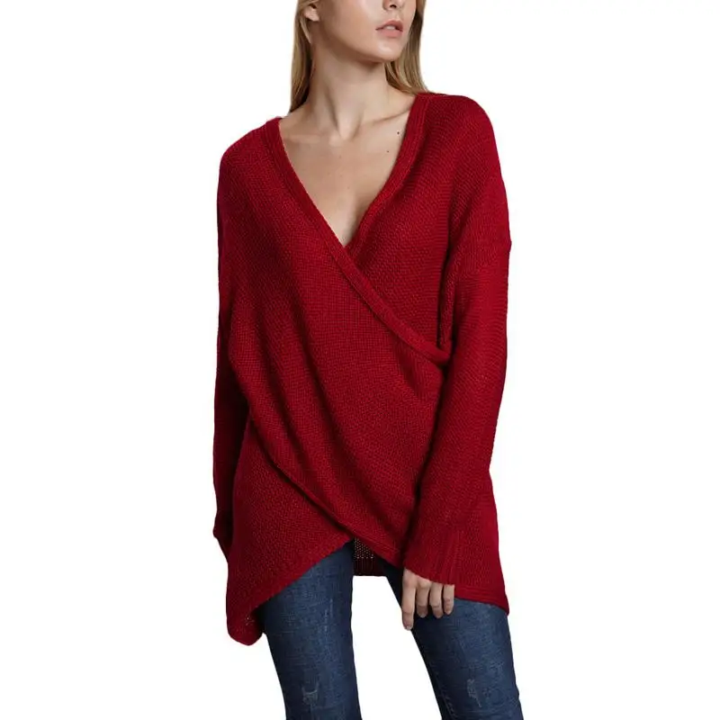  Women's Casual Knitted Sweater Solid Color Loose Long Sleeves V-Neck Pullover Asymmetric Long-Sleeved Sweater All-matching Tops