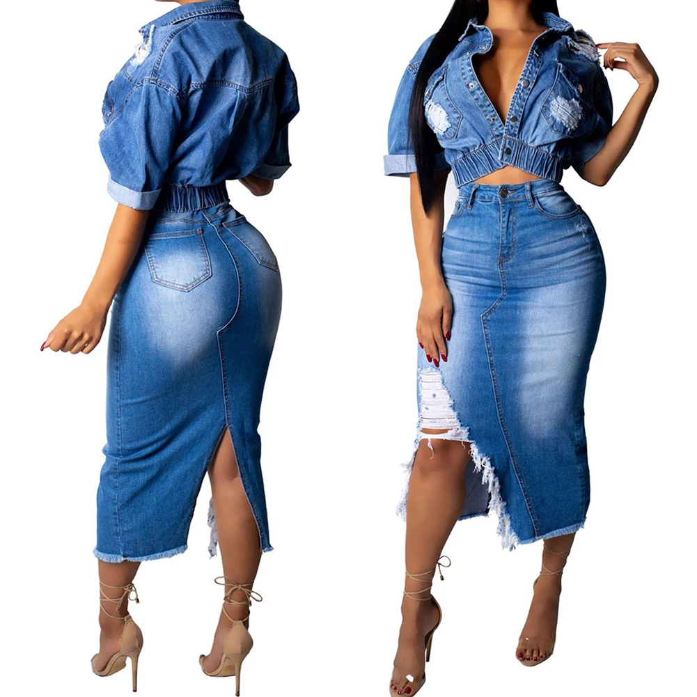 2018 New 2Pcs set Spring Half sleeve Denim Jacket+Package Hip Skirt Fashion Wash Denim Bodycon