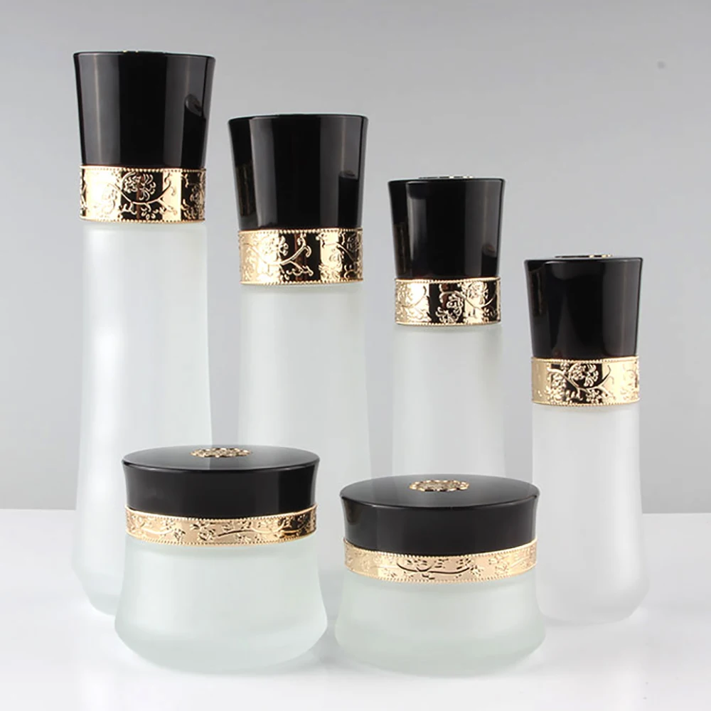 

Luxury frosted empty face cream glass jar 50g, empty serum glass container with black lid