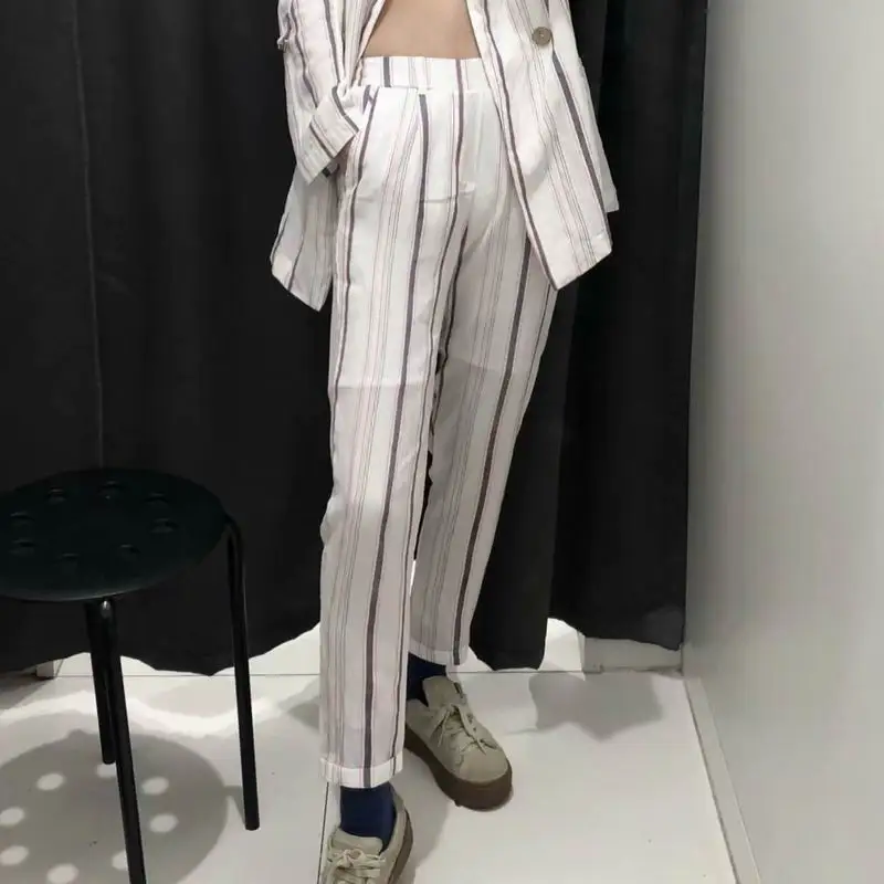 Women Capri Summer 2019 New Arrival Striped Cotton and Linen Female Casual Pencil Pants Ankle Length Bottom