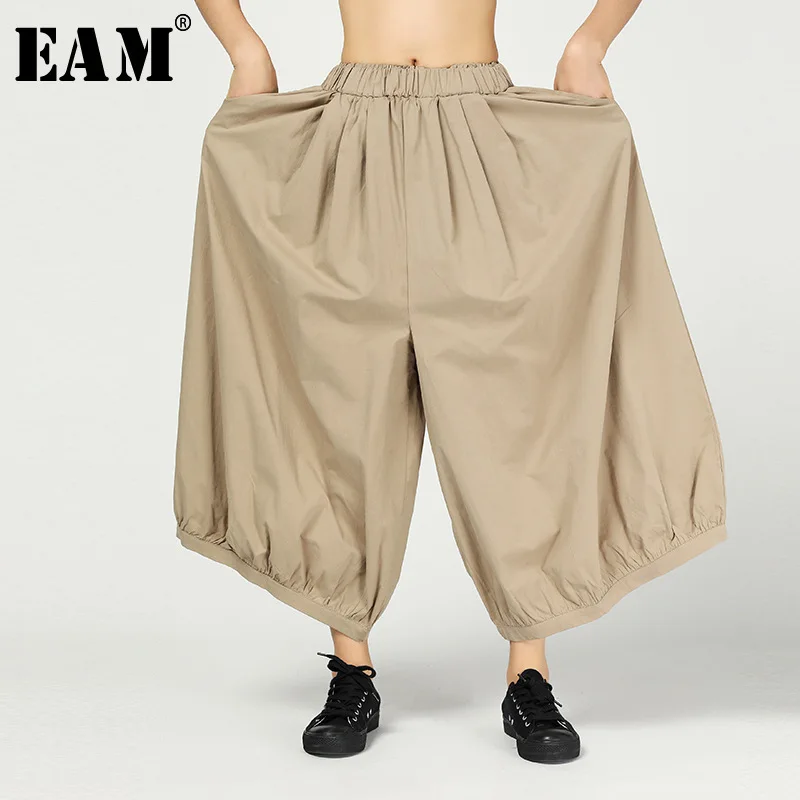 

[EAM] 2019 New Spring Summer High Elastic Waist Loose Black Brief Linen Wide Leg Pants Women Trousers Fashion Tide JR012