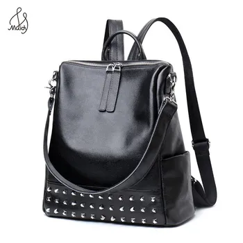 

Casual Genuine Cowhide Leather Women Rivet Multifunction Backpack Shoulder Large Backpacks Mochila School Bags Teenagers Maidy
