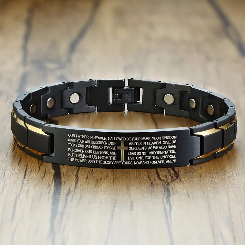 Black English Lord's Prayer Bracelet for Men Stainless Steel