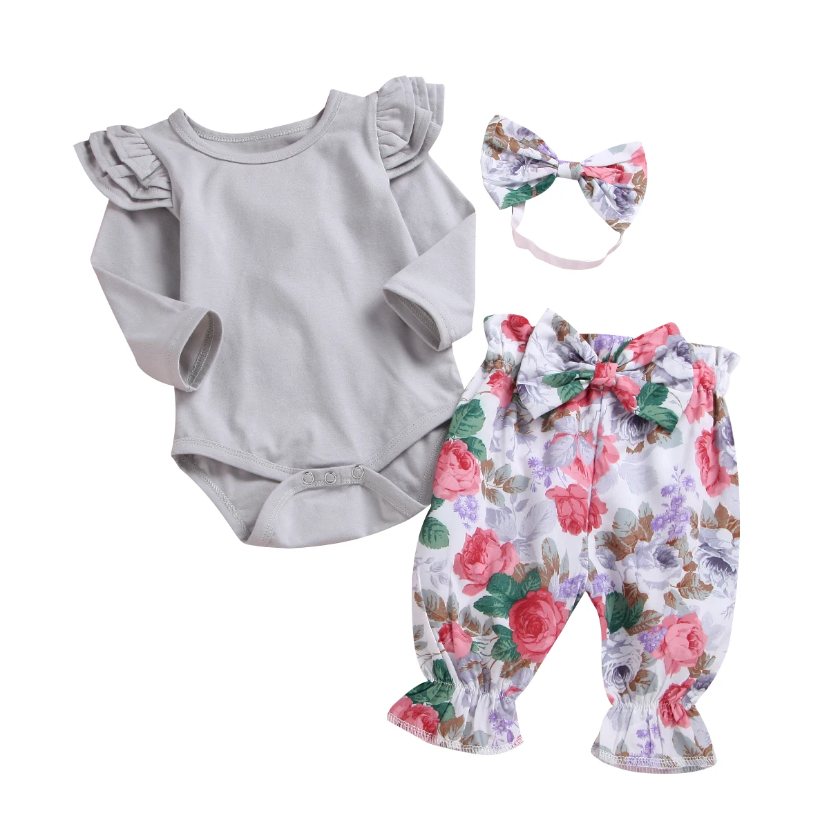 

0-12M Newborn Infant Baby Girl Ruffles Long Sleeve Cotton Bodysuit Tops Floral Long Pant Bowknot Headband 3PCS Clothing Set