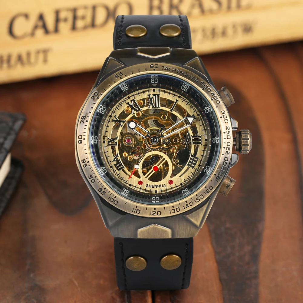 

Antique Automatic-self-winding Watches for Man Business Bronze Mechanical Wrist Watch for Teenagers Black Leather Strap Watches