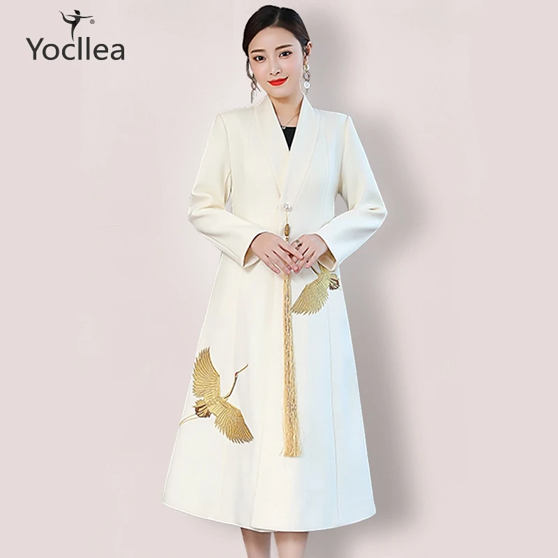 

Wool Coats for women Chinese style Autumn winter warm coats V neck Embroidery Tassel covered button Long sleeve Tops Outwear