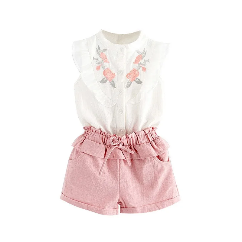 Girls Suits Summer Style Kids Beautiful Floral Flower Sleeve Children O-neck Clothing Shorts Suit 2Pcs Kids Clothes