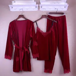 Золотой бархат комплект из 3 предметов дома сексуальная одежда белье пижамы с длинным рукавом Брюки для девочек ночная рубашка